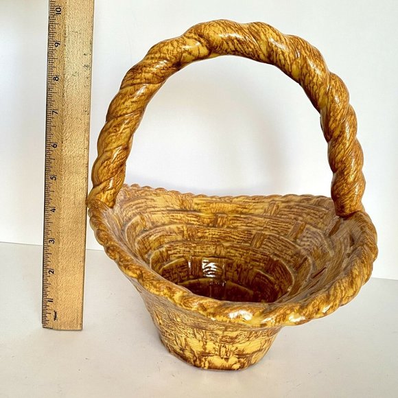 1970s Ceramic Wicker Basket Brown Yellow Twist Handle - Picture 7 of 8